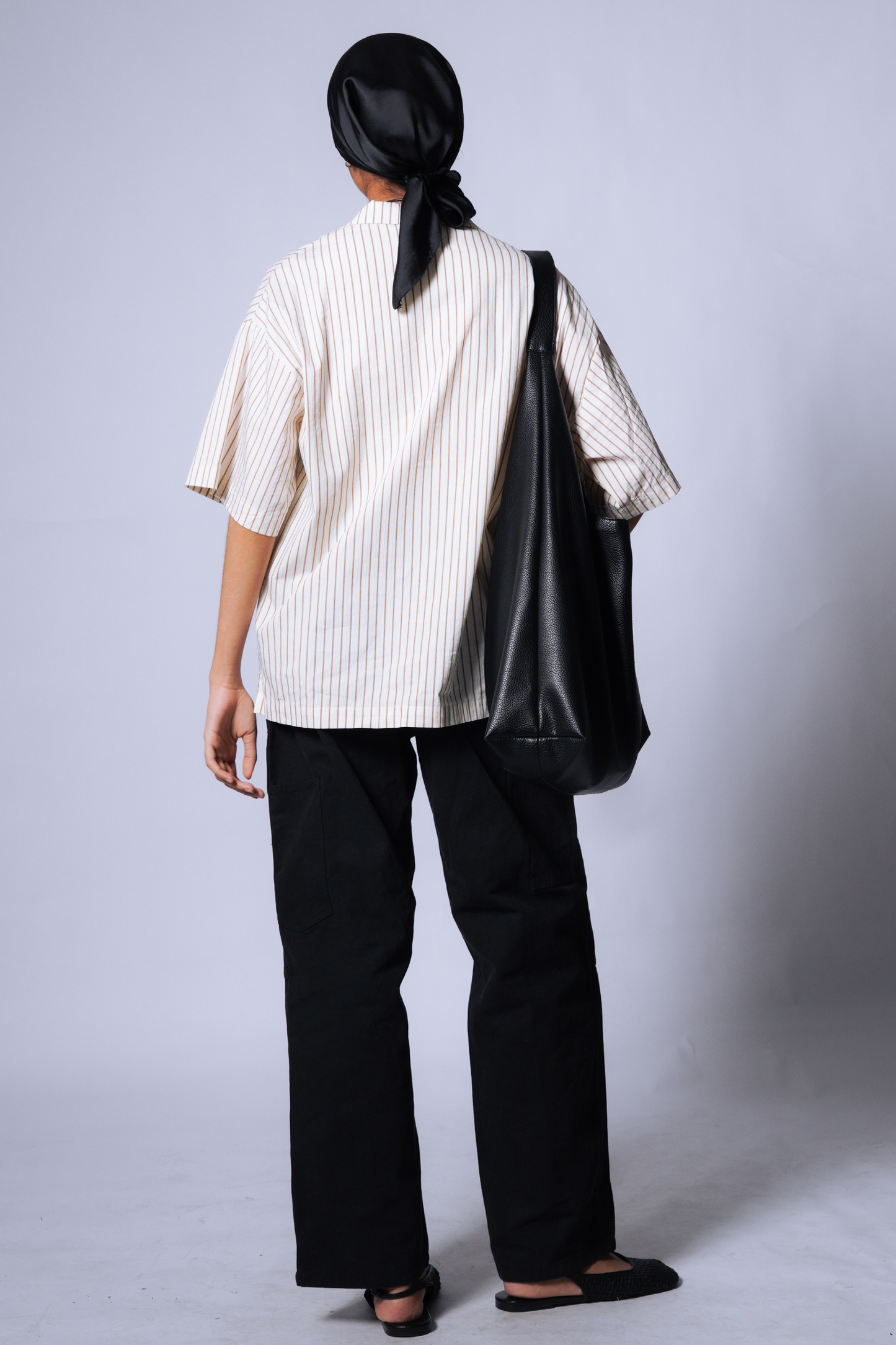 embroidered short-sleeve bowling shirt [pinstripe beige].