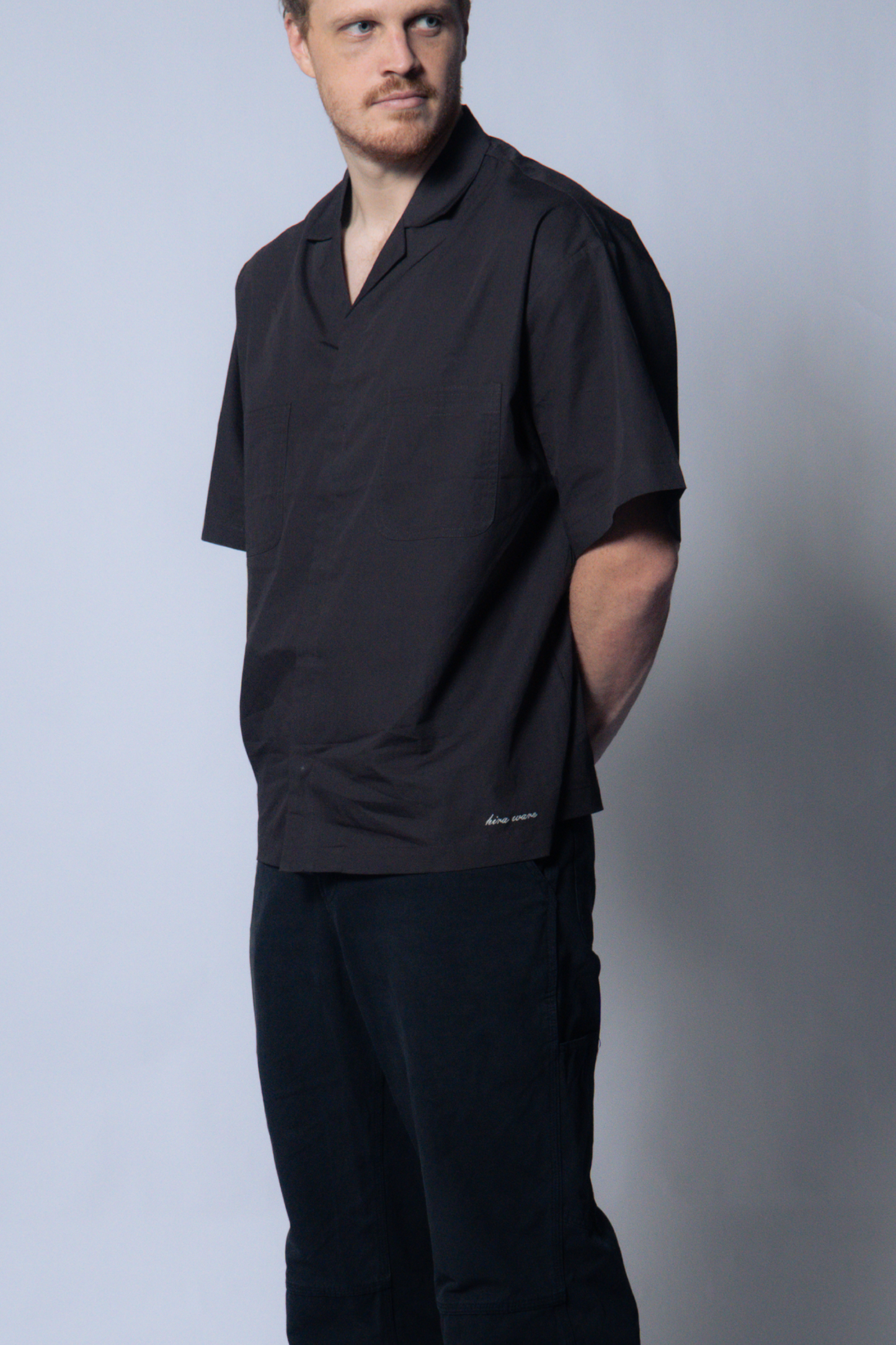 embroidered short-sleeve bowling shirt [sable brown poplin]