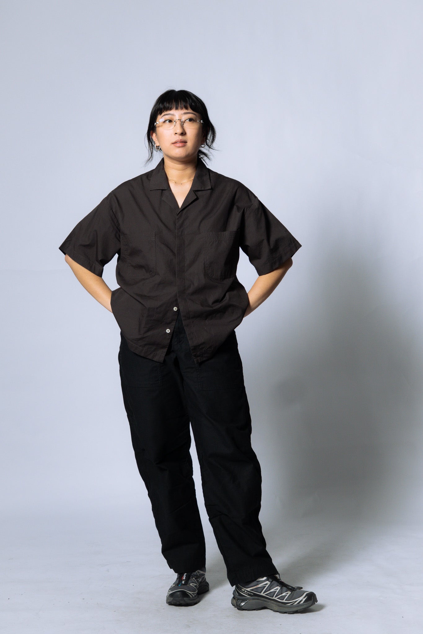 embroidered short-sleeve bowling shirt [sable brown poplin]